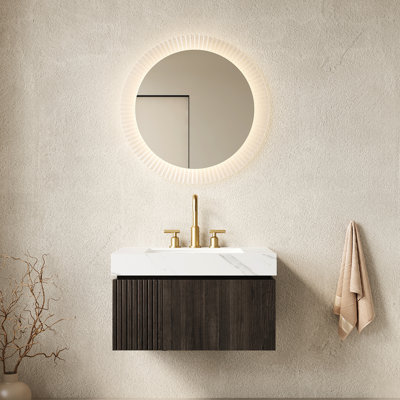Meuble-lavabo de style salle de bain 30 po, armoire en contreplaqué flottant avec porte de tiroir, comptoir en pierre frittée grise, lavabo en céramique, 3 trous de robinet, pré-assemblé, assemblé