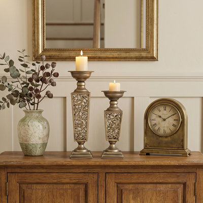 Antique Silver Pillar Candle Holder Set of 2 — Lattice Carved Vine Column, Decorative Iron Candle Holders for Mantle, Wedding & Dining Table