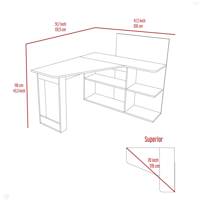 Masai Writing Computer Desk, Five Open Shelves, Light Gray