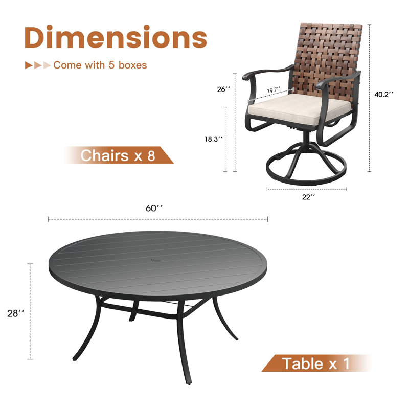 8-Person Round Outdoor Dining Set with 60" Dining Table and 8 Swivel PE Rattan Chairs & Cushions, Black