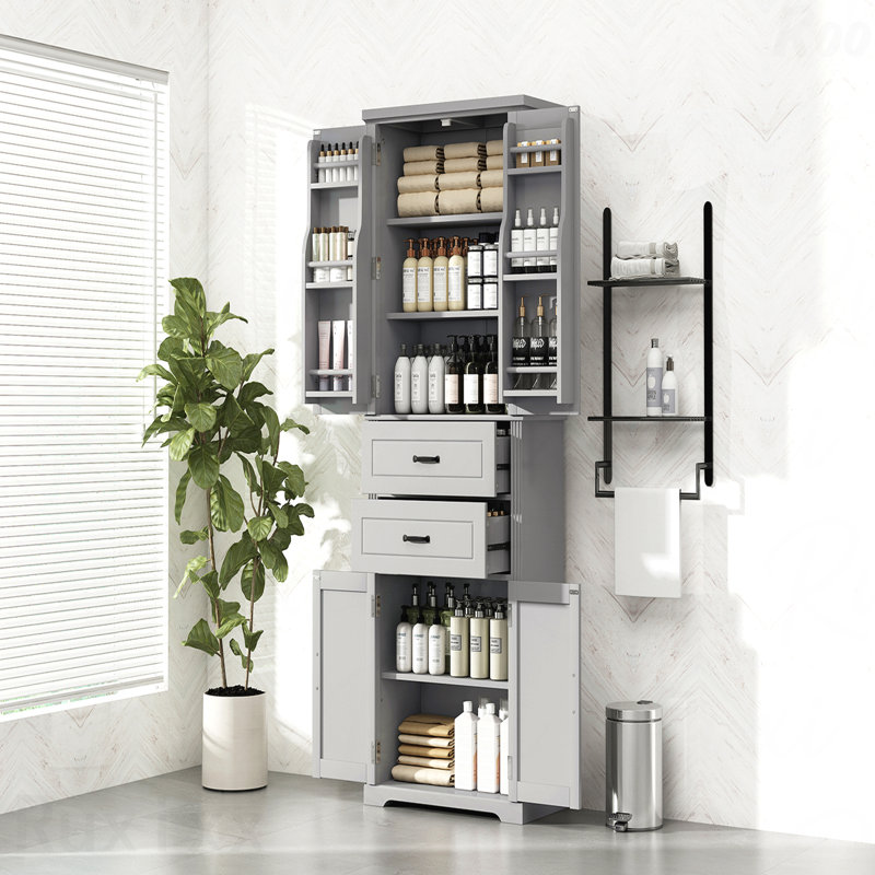 Armoire de rangement avec espace de rangement multifonctionnel, portes avec tablettes de rangement, 2 tiroirs, tablette réglable, gris