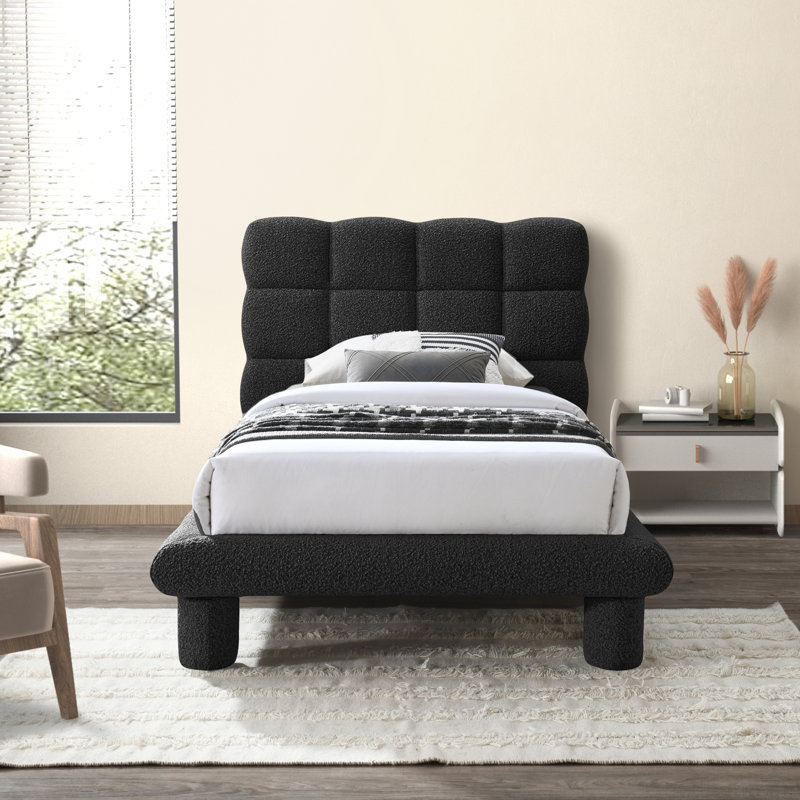 Deco Tufted Panel Bed, Twin, Black Boucle Fabric