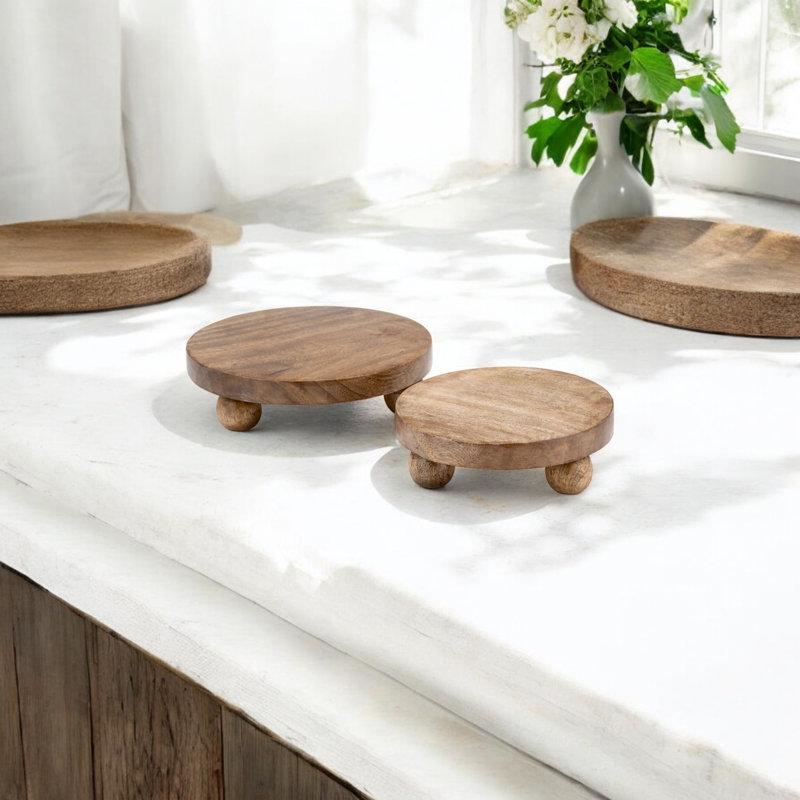 Round Wood Set Of 2 Riser Trays - 10.0" x 10.0" x 3.0", Brown