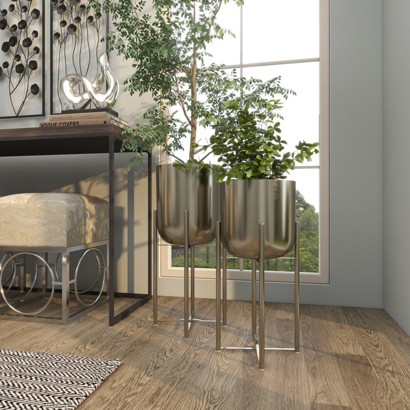 Silver Metal Indoor Outdoor Planter Set with Removable Stand, 19" and 22"