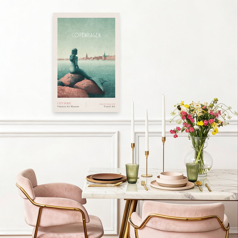 Copenhagen - Little Mermaid Classic Retro Serene City Coastal Wall Art Print by Emel Tunaboylu - Wrapped Canvas Print