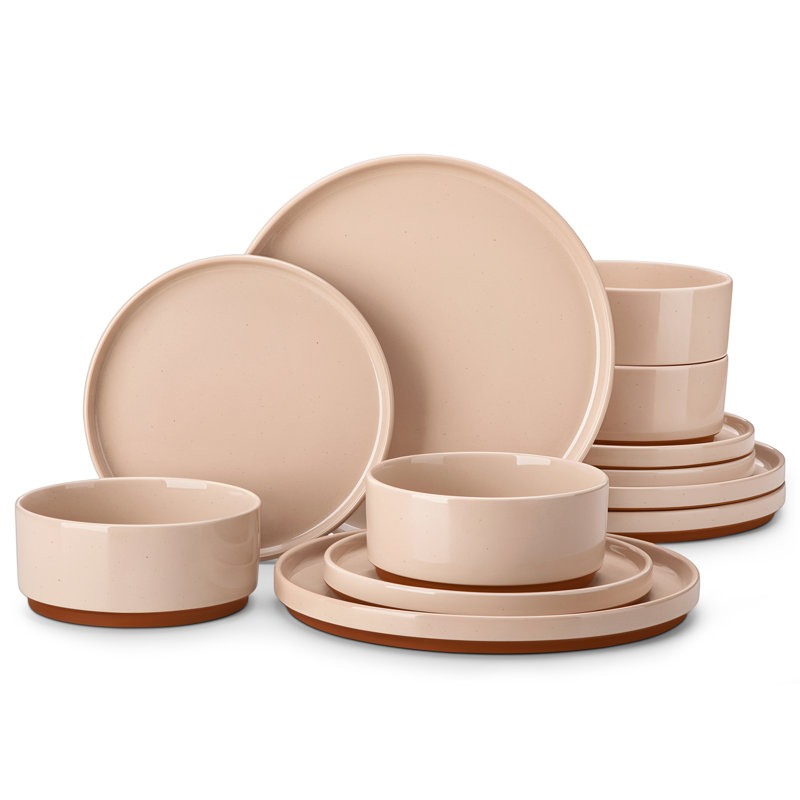 12-Piece Sesame Glaze Stoneware Dinnerware Set, Service For 4 , Brown/Pink