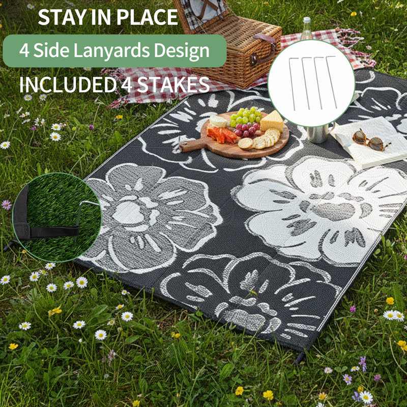 Black and White Floral Outdoor Rug, Waterproof PP Camping Mat, Reversible Washable Non-Slip Picnic Rug for Patio, Garden, Beach and RV