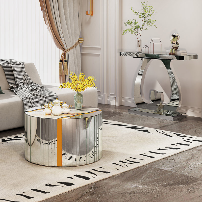 Table basse ronde moderne à motif de marbre blanc avec finition miroir argentée | Idée de cadeau, Argent argent