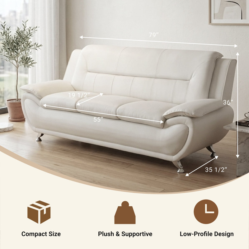 Canapé de salon 76 po en similicuir 3 places avec assise profonde et capitonné pour la maison, 76 po, Beige