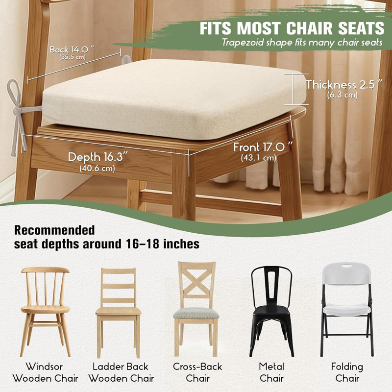 Dining Chair Cushions Set of 6, 2.5 inch Thick Kitchen Chair Pads with Ties.17” x 16”, Beige, Beige