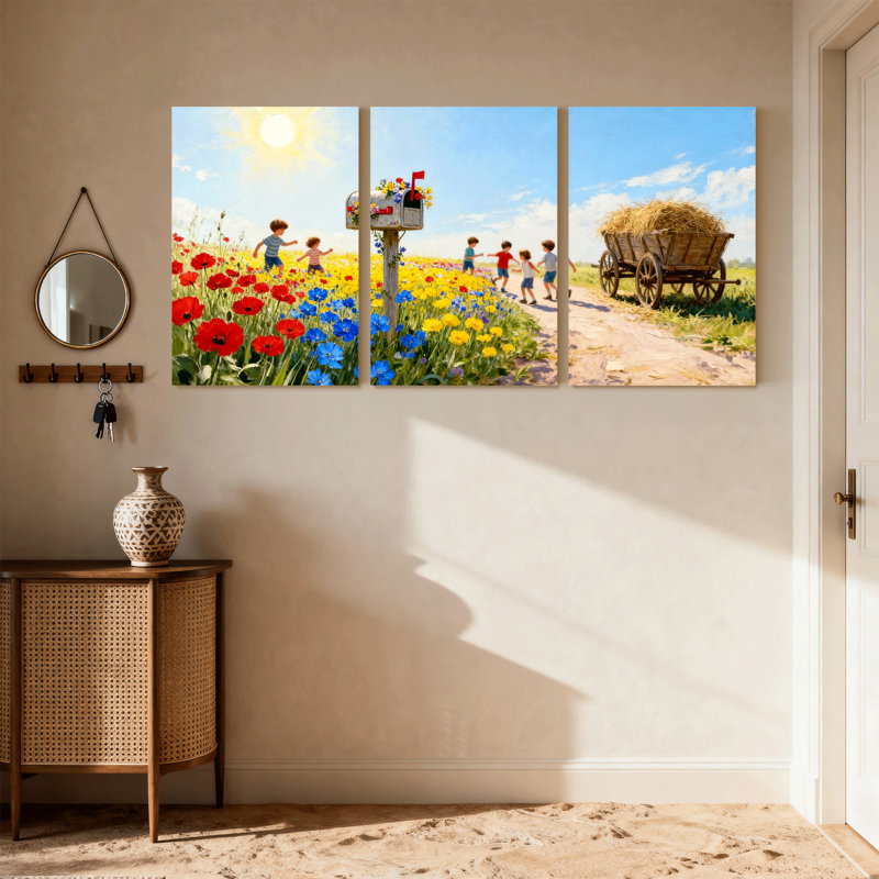 Assortiment de bouquets de fleurs ensoleillés, boîte aux lettres, wagon de foin, ensemble de 3 impressions sur toile
