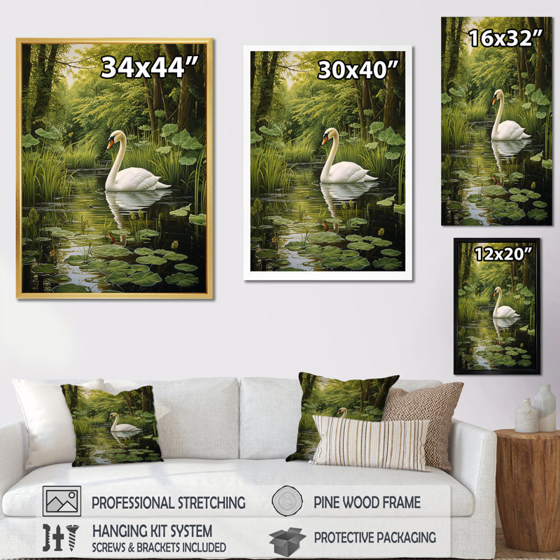 Art mural sur toile, "Swans Refuge By The Lake", Cadre simple argenté, H 32 po x l 24 po