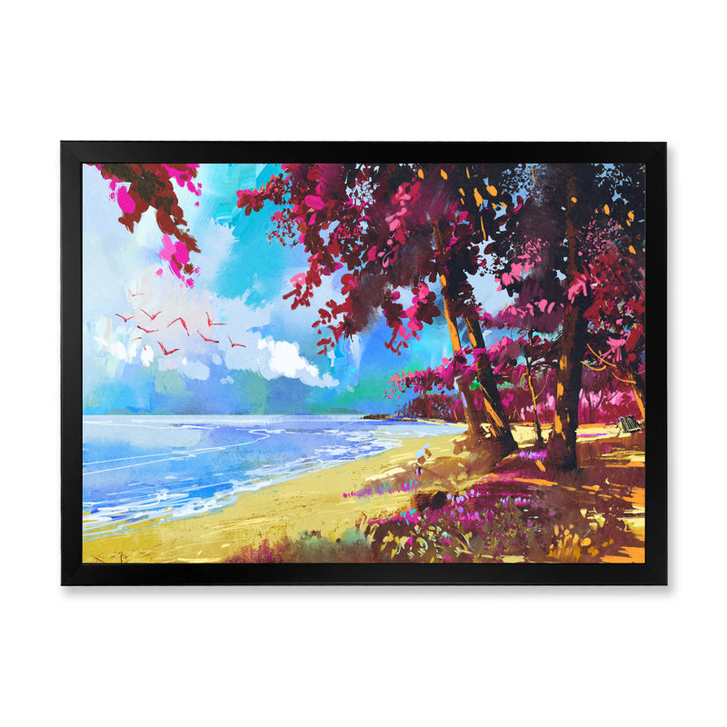Pink Trees On The Beachsummer " Pink Trees On The Beachsummer " Painting Print, 8" H x 12" W x 1" D, Black Picture Frame