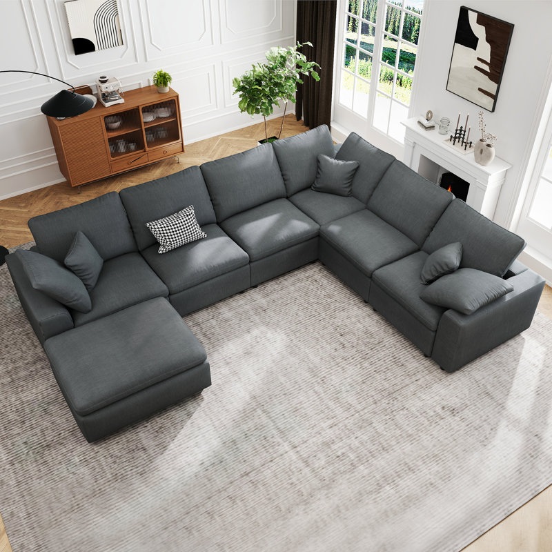 Latitude Run Modular Sectional Sofa, Oversized 7 Seat U Shaped Cloud Couch, Gray Chenille