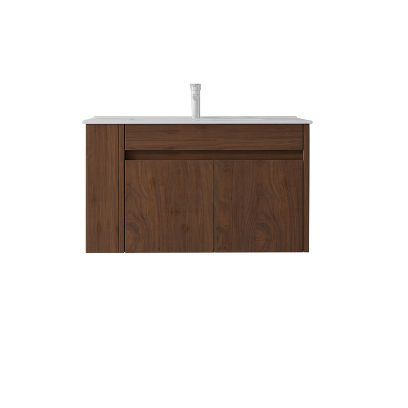 Meuble-lavabo flottant avec lavabo, Brun, L 36 po