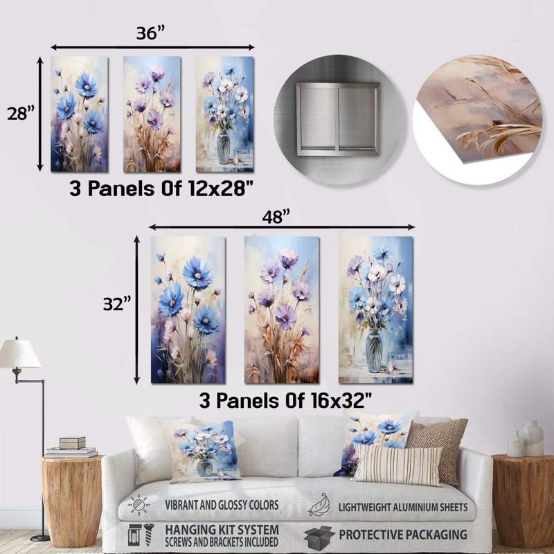 Ensemble de 3 décorations murales bleues et mauves, H 28 po x l 36 po