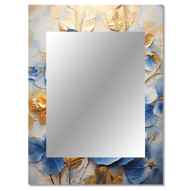 Bleu et doré minimalisme Pansy Radiance Bouquet II - décor de miroir mural unique, grand miroir traditionnel, impression sur métal
