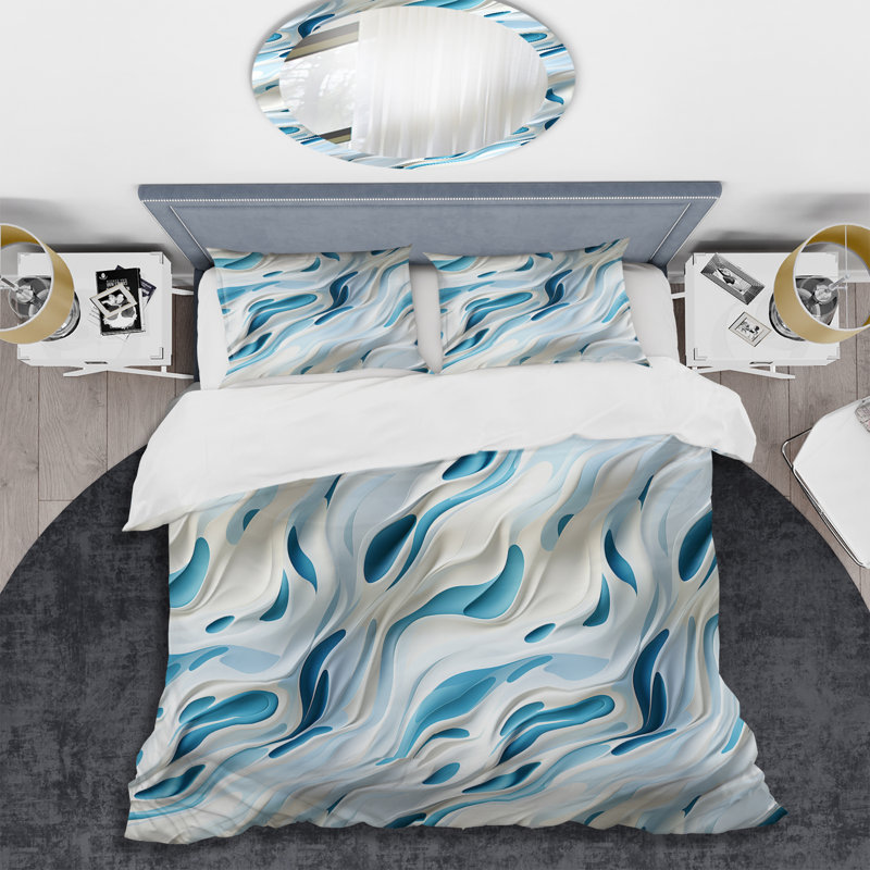 Blue and White Snowy Serenity - Ensemble de housse de couette abstrait - Polyester en microfibre