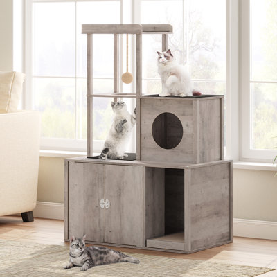 Cat Tree Hidden Cat Litter Box Furniture With Condo And Plush Ball