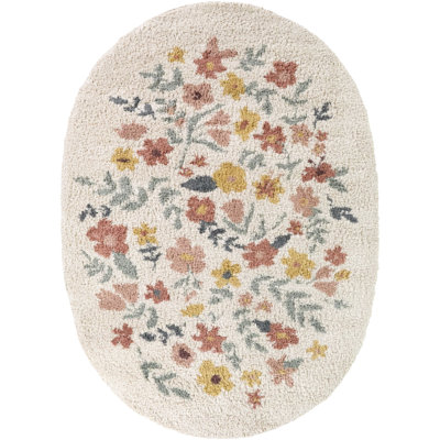Coral/Green Kids Tossed Floral Oval Area Rug