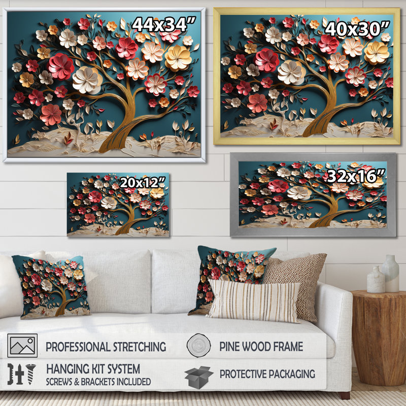 Orchidée rose et bleue, branches d'arbre I - art mural arbre, Cadre flottant noir, H 24 po x l 32 po x P 1 po