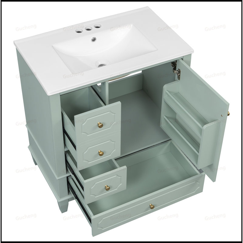 Meuble-lavabo autoportant à 3 tiroirs avec lavabo, Vert clair