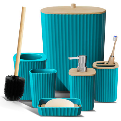 Complete 6 Piece Bathroom Accessory Set with Bamboo Accents, Trash Can & Toilet Brush Included