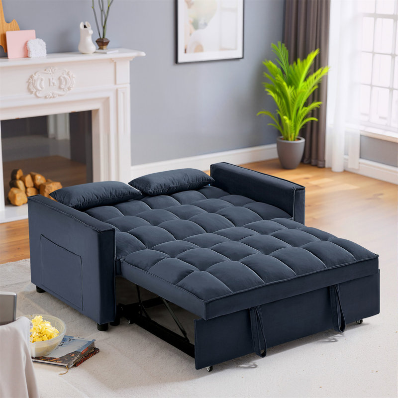 Canapé-lit convertible 3 en 1 Montevia, futon en velours, méridienne de salon avec poche latérale, Velours noir