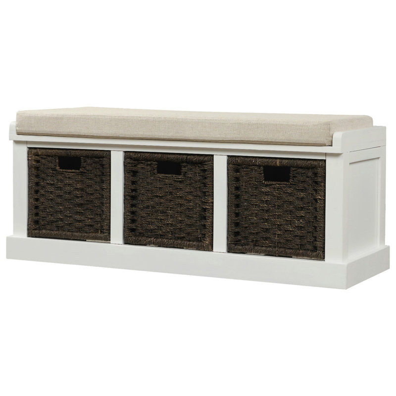 Rustic Storage Bench with 3 Removable Classic Rattan Basket , Entryway Bench with Removable Cushion , White