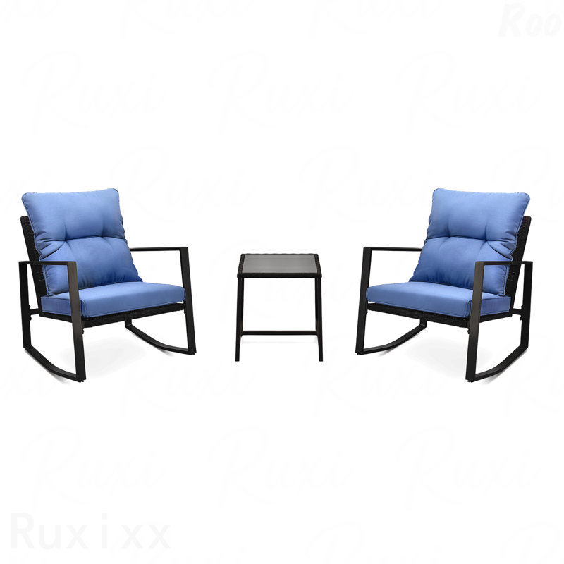 3-Piece Bistro Set Blue Patio Outdoor Rocking Chair W Cushion For Yard Garden Poolside