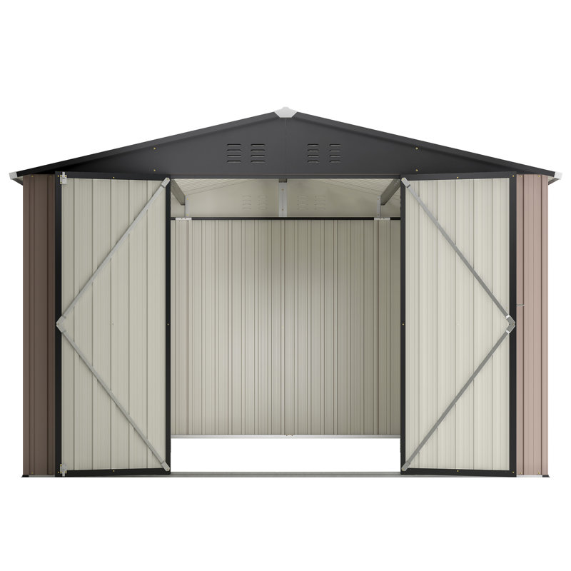 Brown 10' X Metal Storage Shed With Lockable Door & Ventilation For Backyard Tools Outdoor Shed, Brown, Good Patio, Brown