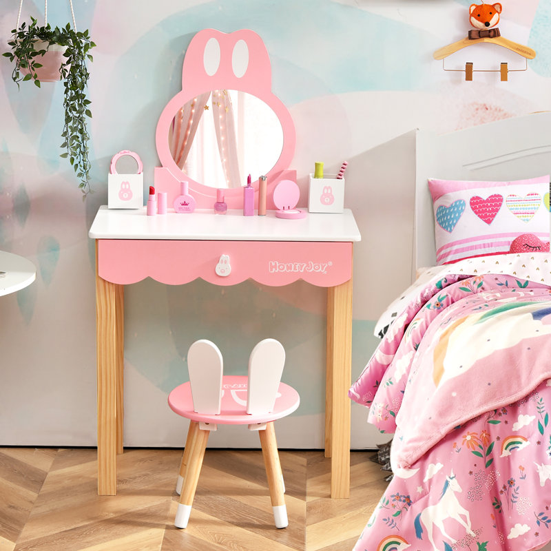 Ensemble de meuble-lavabo pour enfant en bois manufacturé avec miroir Rabbit, Rose / blanc / brun
