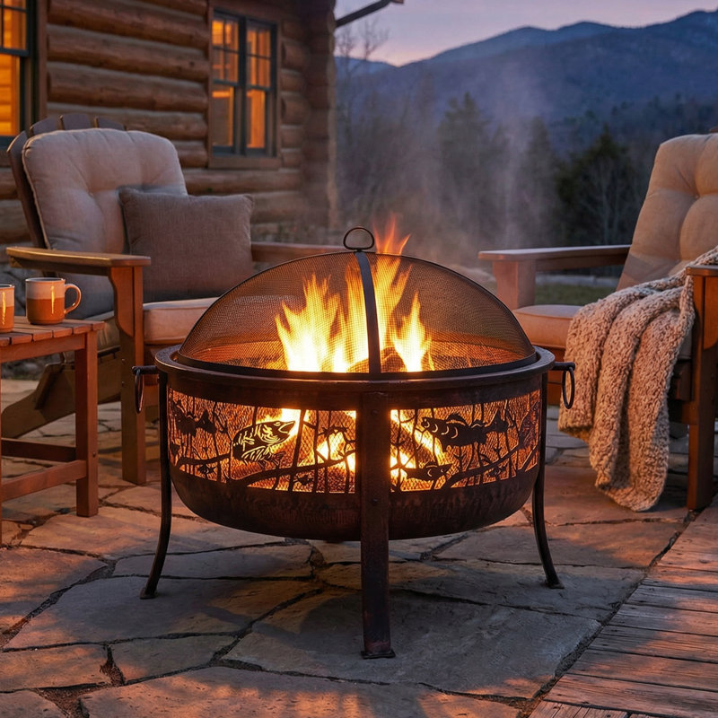 Beahr Fishing 30" Bronze Finish Steel Fire Pit with Spark Screen and Poker