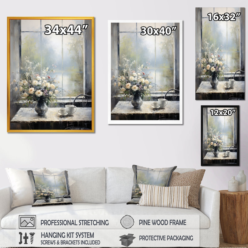 «Grey Misty River Window View I - Farmhouse Windows», art mural, Cadre simple argenté, H 32 po x l 16 po x P 1 po
