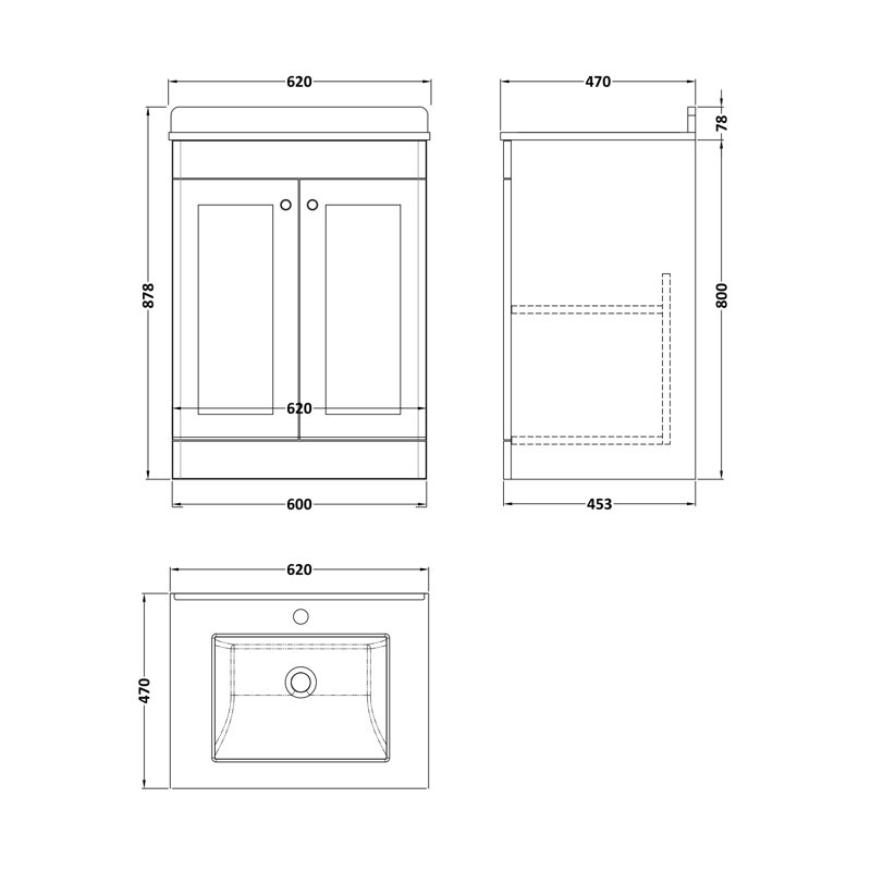 Classique 600mm Free-standing Single Bathroom Vanity with Marble Vanity Top, Satin White