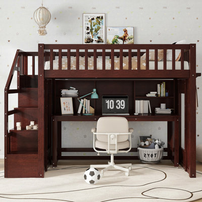 Twin Size Loft Bed With Movable Desk And Storage Shelf, Featuring Storage Stairs,Espresso