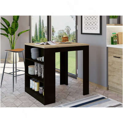 Table pour îlot de cuisine, deux pieds, trois tablettes latérales, noir / pin