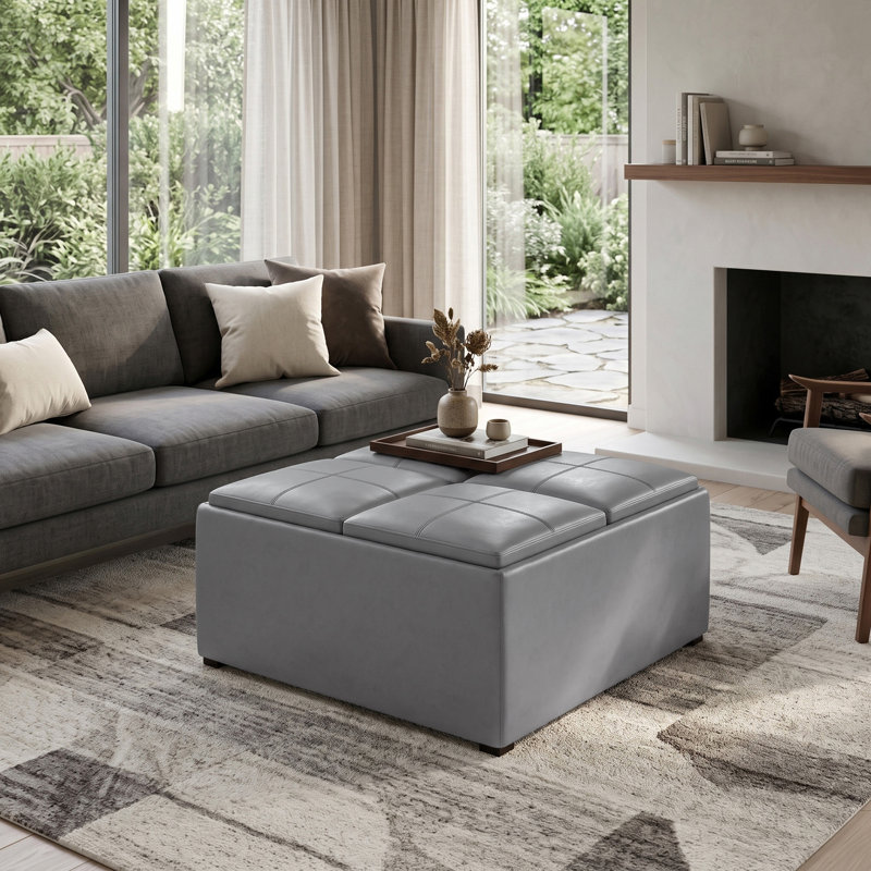 Repose-pieds de rangement pour table basse moderne en cuir végétalien l 35 po Avalon avec 4 plateaux rabattables Avalon, Noir