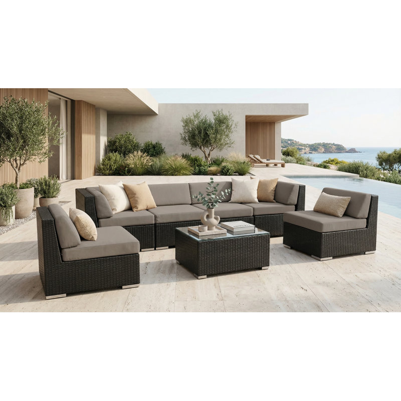 Ensemble de conversation en osier pour 6 personnes avec coussins Barneveld - sans assemblage, Toile Sunbrella® taupe, Noir