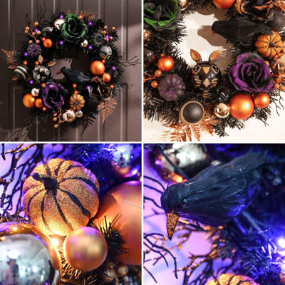 Couronne d'Halloween de 45 cm avec lumières pour décorer votre porte d'entrée | Couronne pré-illuminée avec fausse citrouille, corbeau et rose, décorations d'Halloween pour la maison et les fêtes