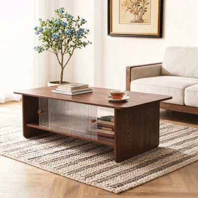 47-Inch Rectangular Modern Minimalist Coffee Table With A Storage Cabinet Featuring Glass Sliding Doors