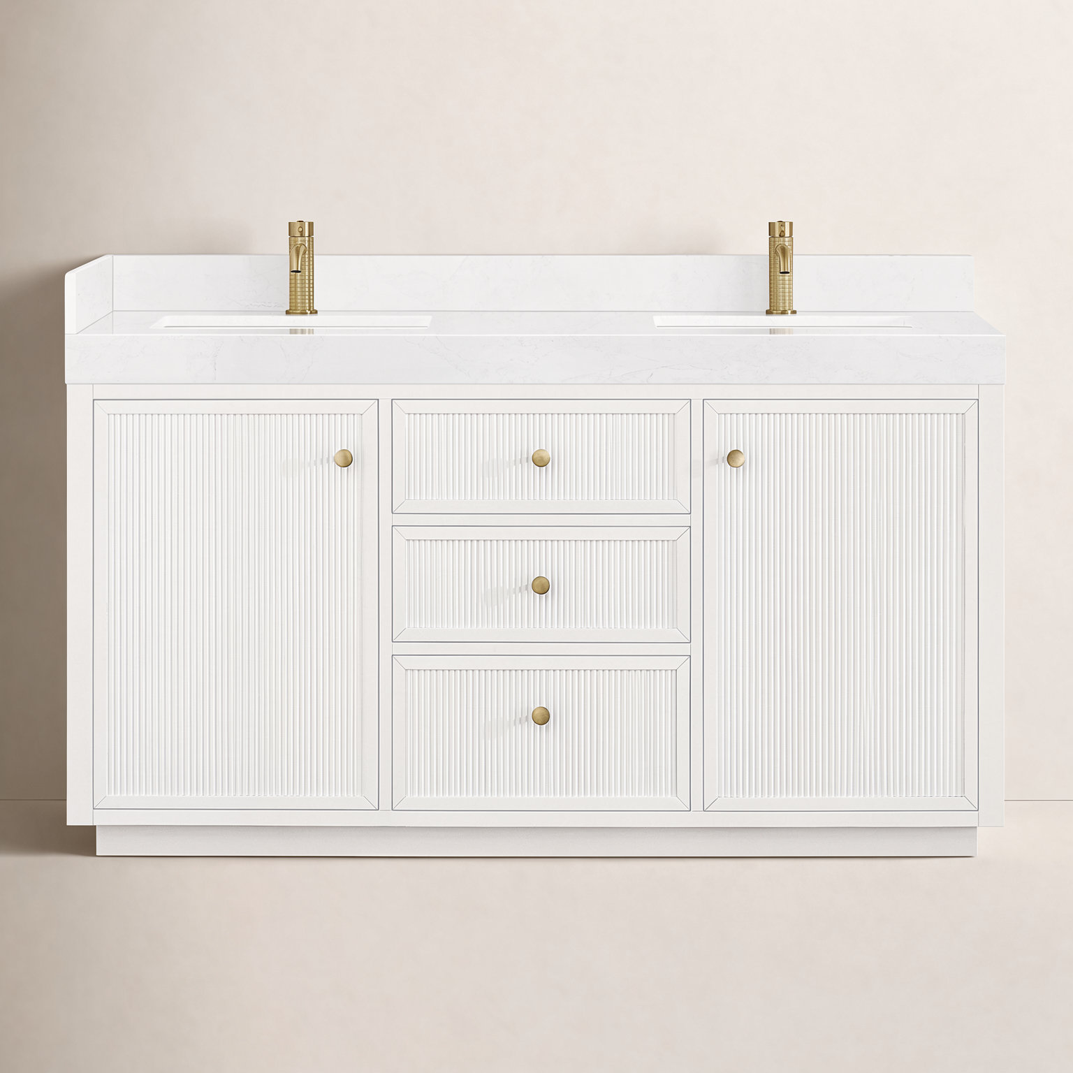 Thea 60" Double Sink Bath Vanity with White Grain Composite Stone Top, White