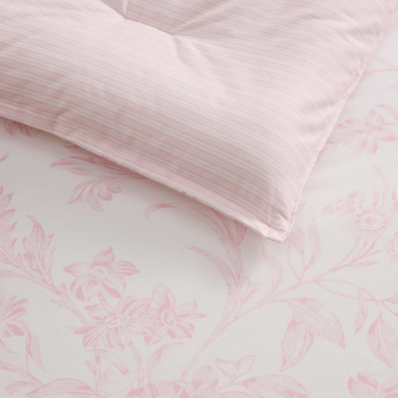 Laura Ashley Natalie Cotton Reversible Pink Comforter Bonus Set, King Comforter + 4 Shams + 2 Throw Pillows, Pink