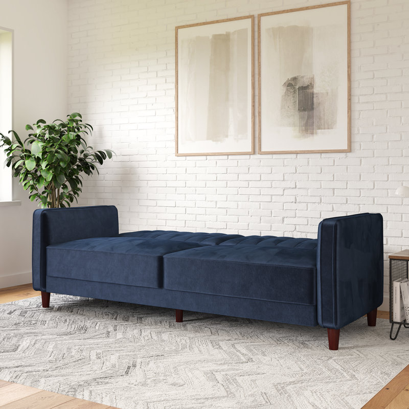 Perdue 81.5" Velvet Square Arm Convertible Sofa, Blue Velvet