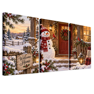 " Winter Snowman and Cardinals on Rustic Christmas " 3 Piece Art