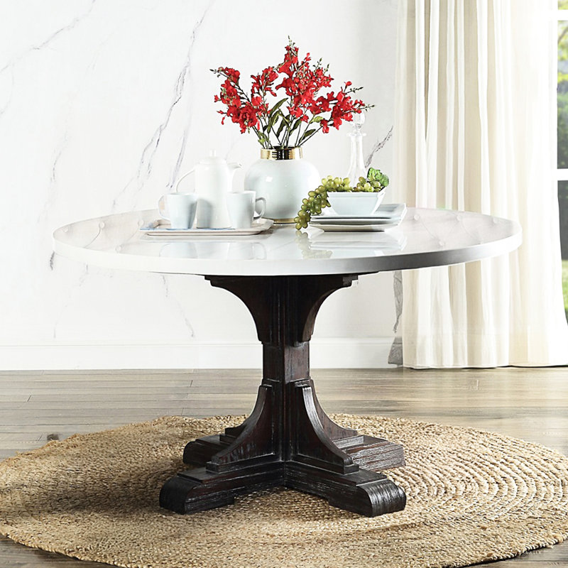 Table de salle à manger ronde avec plateau en marbre blanc et finition vieillie, conception fixe, 38 mm d'épaisseur, bois de pin, 4 sièges pour plateau artificiel, épaisseur, base en tréteaux