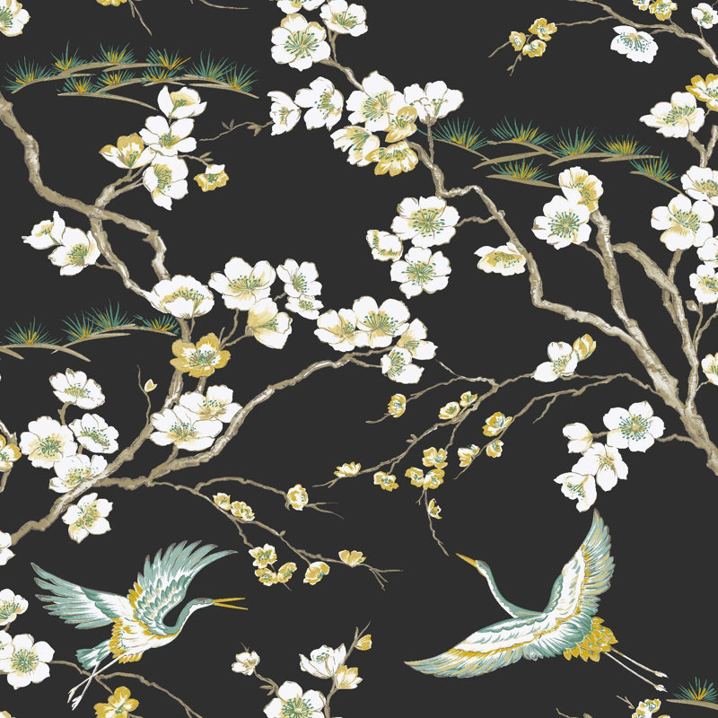 Sublime Japan Floral and Fauna Tropical Wallpaper, Black
