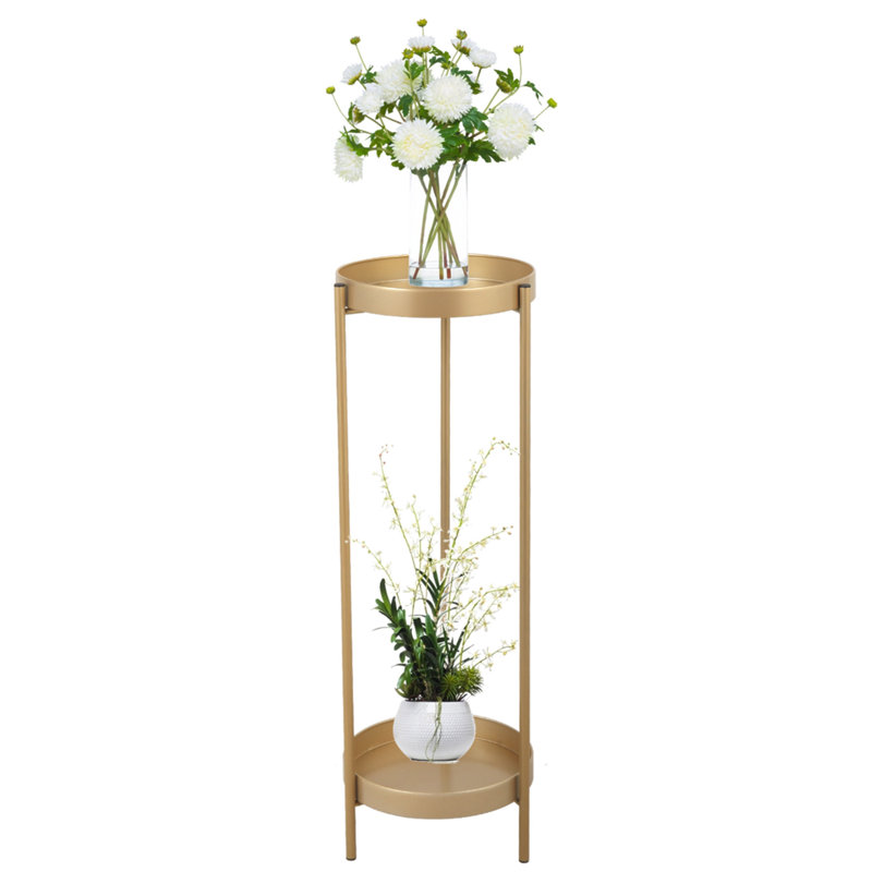 Support à plante moderne en métal à 2 niveaux avec 2 plateaux ronds pour l'intérieur et l'extérieur
