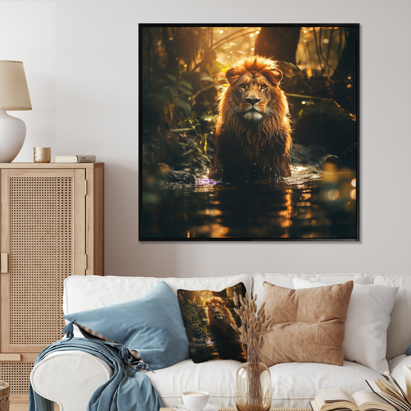 Double exposition lion dans la jungle I - impression, H 16 po x l 16 po x P 1 po, Cadre flottant noir