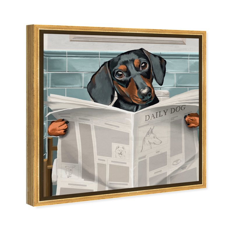 «Occupied Bathroom Doxie - impression d'art graphique, Encadrement doré, H 20 po x l 20 po x 1,5 po